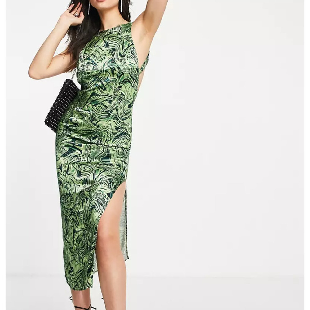 Topshop Psychedelic Satin Slip Midi Sleeveless Open Back Slit Womens Dress 14
